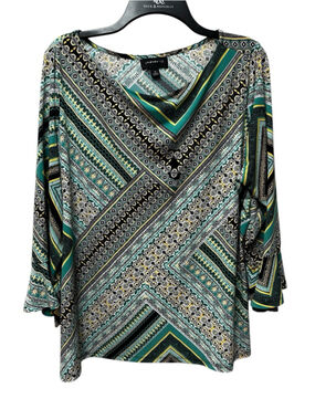 Liz Claiborne Tunic Career Blouse Womens Green Black 3/4 Bell Sleeves Chic